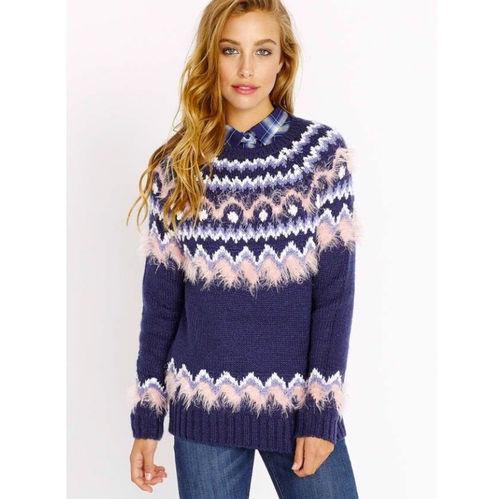 NWT Buffalo David Bitton Navy Fair Isle Mercer Mohair Crewneck Sweater XS NEW